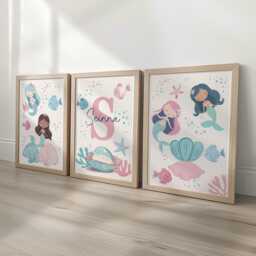 Mermaid Personalised Nursery Wall Prints, Set Of 3 Custom Initial , Girls Bedroom Decor, Room Under The Sea Pictures, Playroom Posters - thumbnail 1