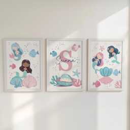 Mermaid Personalised Nursery Wall Prints, Set Of 3 Custom Initial , Girls Bedroom Decor, Room Under The Sea Pictures, Playroom Posters - thumbnail 2