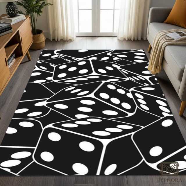 Dice Pattern Carpet Black White Gaming Mat, Casino Gambler Home Decor Rug - image 1