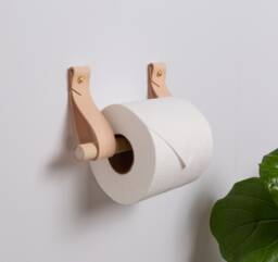 Leather Toilet Paper Holder Kit With Wood Dowel Walnut Or Birch Simple Loo Roll Holder Minimalist Leather Strap Hooks Rustic Bathroom Decor