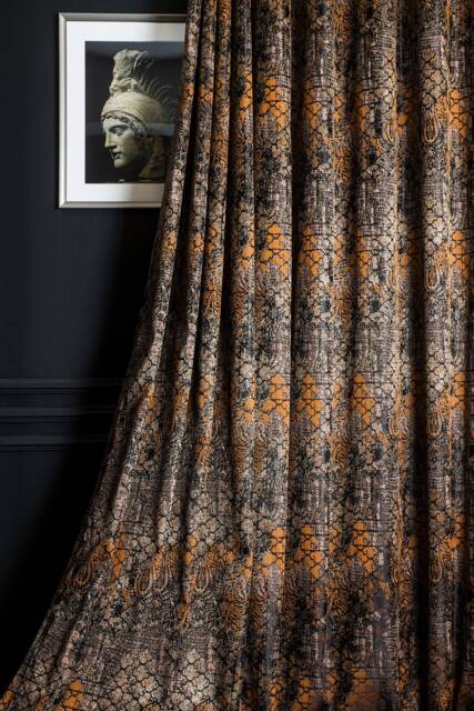 striped Damask Curtain Panel Black, Brown & Orange Custom Drape - image 1