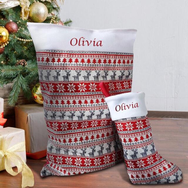 Personalised Embroidered Large Nordic Christmas Gift Sack & Stocking Set Bag Red Silver Fair Isle Santa - image 1