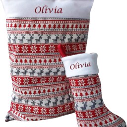 Personalised Embroidered Large Nordic Christmas Gift Sack & Stocking Set Bag Red Silver Fair Isle Santa - thumbnail 2
