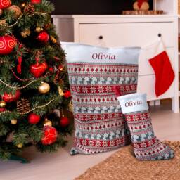 Personalised Embroidered Large Nordic Christmas Gift Sack & Stocking Set Bag Red Silver Fair Isle Santa - thumbnail 3