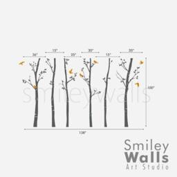 Forest Trees With Birds Wall Decal, Thin Birch 100 Inches - Set Of 6 Vinyl Decal Sticker Kids Nursery Decor - thumbnail 2