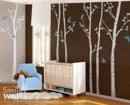 Forest Trees With Birds Wall Decal, Thin Birch 100 Inches - Set Of 6 Vinyl Decal Sticker Kids Nursery Decor - thumbnail 1