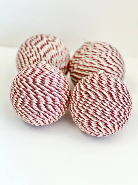 Handmade Yarn Christmas Ornaments Pale Pink Rustic Balls, Set Of 4 - image 1