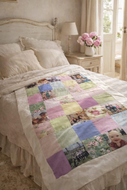 Gift For Grandmather. Mom Gift From Children.country Floral Bedding Quilt, Handmade Romantic Flowers Blanket, Annivers - image 1