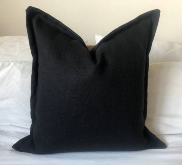 Black Linen Pillow Cover, Oxford Edging, Maximalist Home Decor - image 1