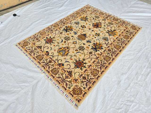 Ivory Floral Afghan Rug 5x7 Ft - Handmade Wool Area Carpet Traditional Garden Design - image 1