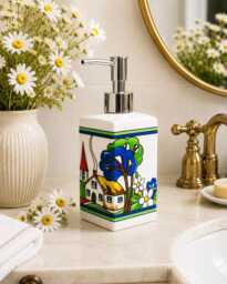 Exclusive Village Art Deco Soap Dispenser Porcelain 200 Ml 7Oz Bright Countryside Scene Liquid Pump Hand Decorated UK