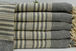 Black Striped Linen Towel Turkish 40x70 Organic Cotton Towel, Handmade Absorbent Bath Tkr-Rktn - thumbnail 1