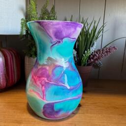 Hand Decorated 18cm Tall Glass Vase Pastel Blue, Pink & Turquoise With Gold Silver Or Copper Accents - thumbnail 1