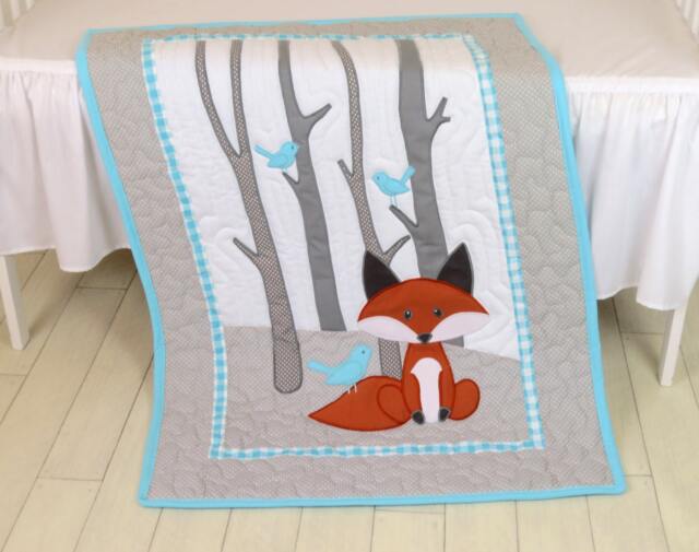 Fox Blanket, Animal Nursery Quilt, Baby Boy Crib Bedding, Forest Aqua Gray Custom Made - image 1