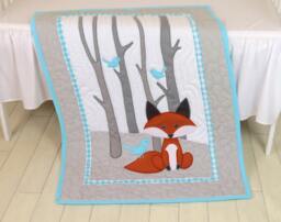 Fox Blanket, Animal Nursery Quilt, Baby Boy Crib Bedding, Forest Aqua Gray Custom Made - thumbnail 1