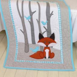 Fox Blanket, Animal Nursery Quilt, Baby Boy Crib Bedding, Forest Aqua Gray Custom Made - thumbnail 2