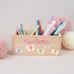 Personalized Pencil Holder Butterflies, Desk Organizer Wood Acrylic Name, School Enrollment, Gift Child Cone, Girl - thumbnail 3