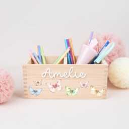 Personalized Pencil Holder Butterflies, Desk Organizer Wood Acrylic Name, School Enrollment, Gift Child Cone, Girl - thumbnail 1