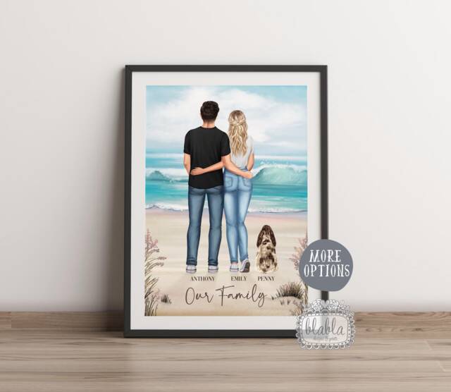Personalized Family Illustration Print, Couple & Pet Anniversary Gift - image 1