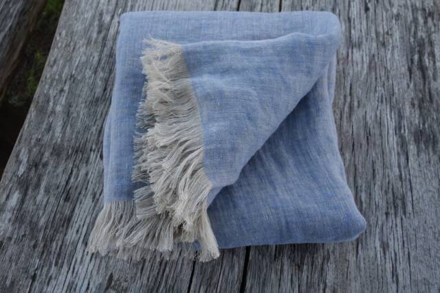 Double Sided Linen Blanket, Fringed Throw, Light Blue Beige Natural Flax Bedspread, 240 Gsm - image 1