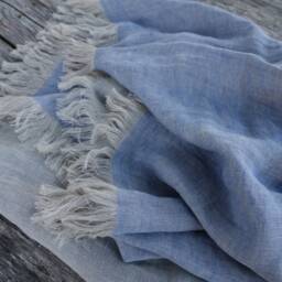 Double Sided Linen Blanket, Fringed Throw, Light Blue Beige Natural Flax Bedspread, 240 Gsm - thumbnail 3