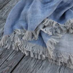 Double Sided Linen Blanket, Fringed Throw, Light Blue Beige Natural Flax Bedspread, 240 Gsm - thumbnail 2