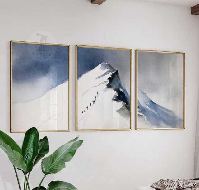 Set Of 3 Mountain Wall Art Prints, Snowy Peak Climber Posters, Watercolor Nature Inspired Decor - image 1