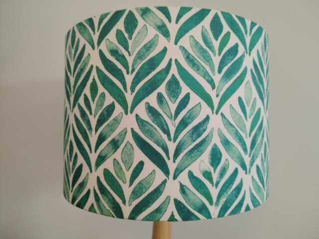 Teal Blue Leaf Lampshade Abstract Watercolour Tree Leaves Print White Handmade Fabric Drum Table Floor Or Ceiling Pendant - Various Sizes - image 1