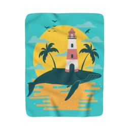 Turquoise Whale Island, Sherpa Fleece Blanket, Vintage Inspired Image, Lighthouse, Gulls, Palm Trees
