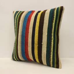 Handwoven Turkish Kilim Pillow Cover, Bohemian Sofa Cushion - 16x16 - thumbnail 3