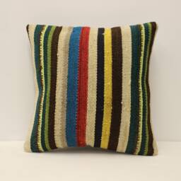 Handwoven Turkish Kilim Pillow Cover, Bohemian Sofa Cushion - 16x16 - thumbnail 1