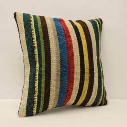 Handwoven Turkish Kilim Pillow Cover, Bohemian Sofa Cushion - 16x16 - thumbnail 2