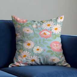 Floral Cushion Cover, Blue Daisy Rose Pattern Throw Pillowcase, Spring Botanical Sofa Pillow Cover - thumbnail 1