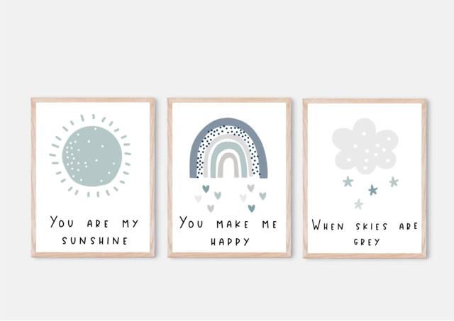 Kids Nursery Decor, Rainbow Prints, Boho Print, Art, Set Of 3, You Are My Sunshine - image 1