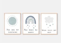 Kids Nursery Decor, Rainbow Prints, Boho Print, Art, Set Of 3, You Are My Sunshine - thumbnail 1
