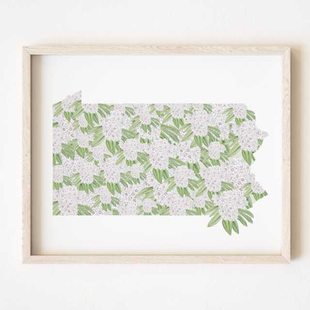 Pennsylvania State Flower Map Watercolor Mountain Laurel - Art Print Wall Graduation Wedding Realtor Moving Floral Mothers Day Gift - image 1