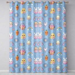 Easter Chick Bunny Macaron Carrot Rainbow Seamless Pattern Sky Blue Background Readymade Eyelet Ring Top Thermal 100% Blackout Curtains - thumbnail 2