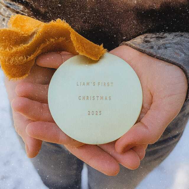 Personalized Baby's First Christmas Ornament Engraved Brass Keepsake With Velvet Ribbon - Mother's Day Gift - image 1