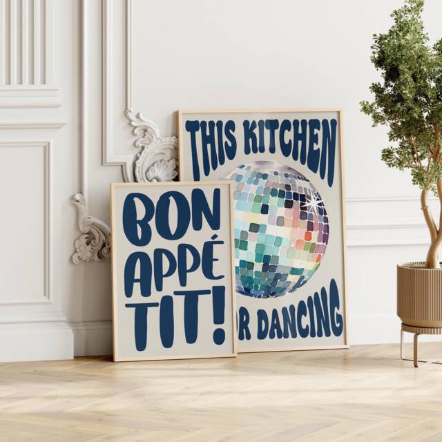 This Kitchen Is For Dancing Print Set Of 2 Blue, Disco Ball, Retro Poster, Trendy Poster Wall Art, Prints, Decor - image 1