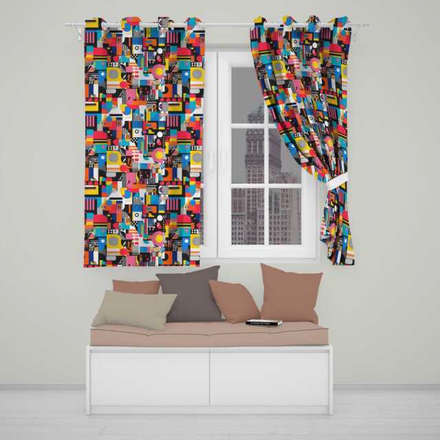 Abstract Vibrant Collage Geometric Pop Art Style Seamless Pattern Readymade Eyelet Ring Top Thermal 100% Blackout Curtains - image 1