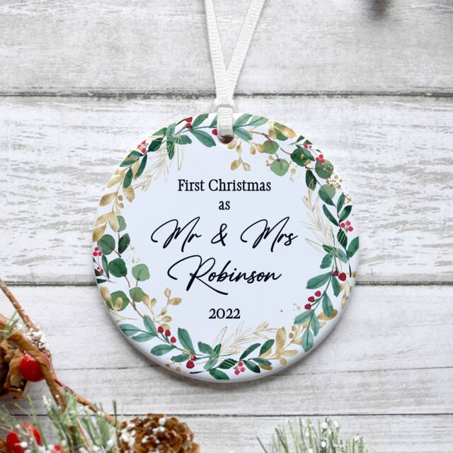 Personalized First Christmas Mr & Mrs Ceramic Ornament - image 1