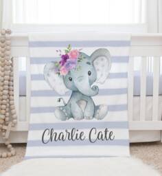 Elephant Blanket, Personalized Baby Blanket Gift, Toddler Safari Nursery Decor, Birthday Jungle
