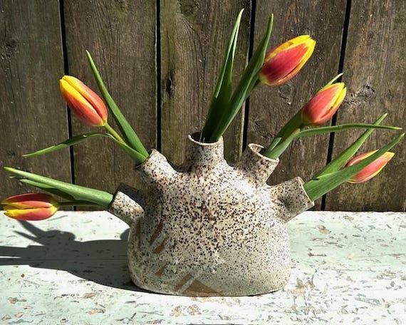 Handmade Multi-stem Vase, 5.5 Inches High, Wheel-Thrown & Altered Pottery, Ikebana, Tulipiere, Ceramic Sculpture, Centerpiece - image 1