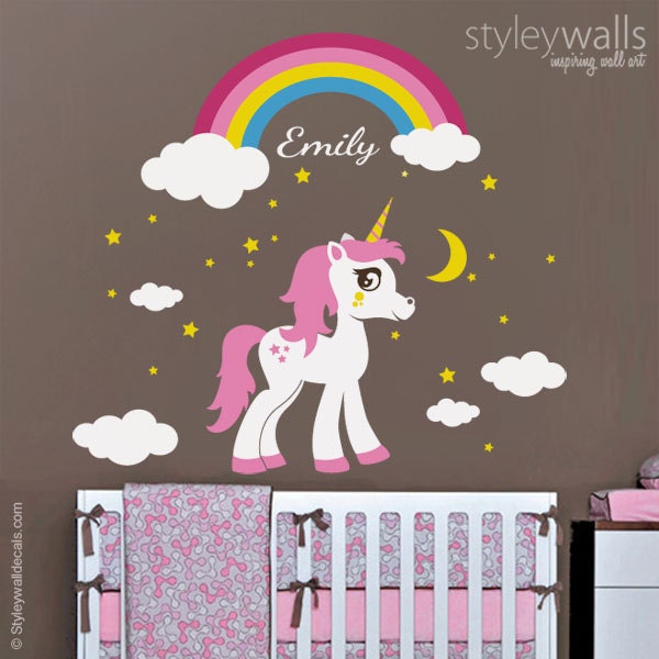 Unicorn Wall Decal, Rainbow Personalized Horse Pony Stars Decal Sticker, Girls Room Nursery Decor - image 1