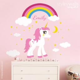 Unicorn Wall Decal, Rainbow Personalized Horse Pony Stars Decal Sticker, Girls Room Nursery Decor - thumbnail 2