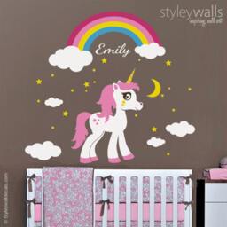 Unicorn Wall Decal, Rainbow Personalized Horse Pony Stars Decal Sticker, Girls Room Nursery Decor - thumbnail 1