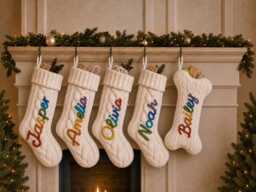 Personalized Knit Christmas Stocking, 3D Yarn Name, Classic Or Dog Bone Style - thumbnail 1