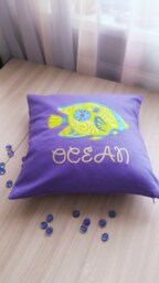 Purple Decorative Pillow Case With Embroidery Fish Ornament, Zipper, Pillow 40x40cm - thumbnail 1