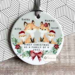 Personalised Family Christmas Woodland Fox Greenery Design Acrylic Or Ceramic Round Ornament Keepsake Tree Decoration Gift - thumbnail 2