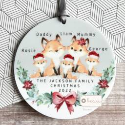 Personalised Family Christmas Woodland Fox Greenery Design Acrylic Or Ceramic Round Ornament Keepsake Tree Decoration Gift